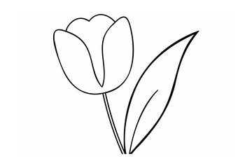 Black and white tulip flower and leaf one line drawing on white background