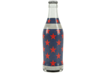 Glass bottle with red stars and white stripes against a black backdrop
