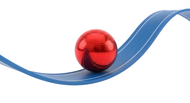 Red ball rolling on blue track illustration for physics concept motion graphic design element art on transparent background