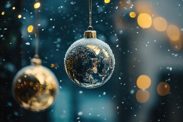 Sparkling Christmas baubles hanging amid gentle snowflakes falling in a festive atmosphere, christmas baubles over snow falling