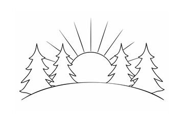 Fototapeta premium Black and white line drawing of sunrise behind trees on a hill