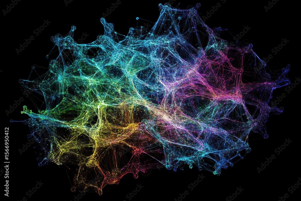 Poster visual representation of a digital brain network showcasing colorful connections, network of connect