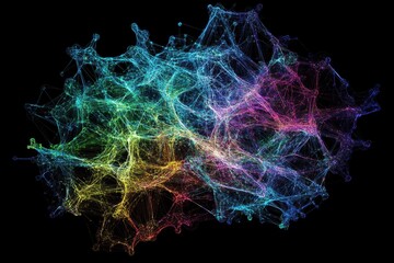 Visual representation of a digital brain network showcasing colorful connections, network of connections over digital brain