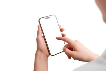 Boy holds a smartphone vertically, touching the screen with his right hand. Isolated display and transparent background, perfect for app or game mockup for kids