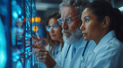 Medical professionals collaborating on large digital displays in a clinic.  