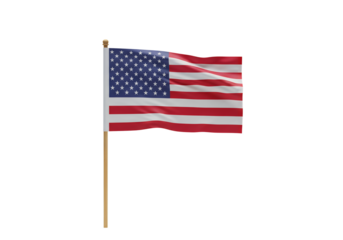 An American flag waves on a wooden pole against a black background