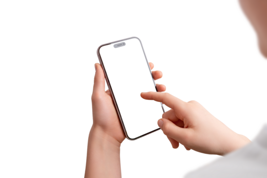 Boy holds a smartphone vertically, touching the screen with his right hand. Isolated display and transparent background, perfect for app or game mockup for kids