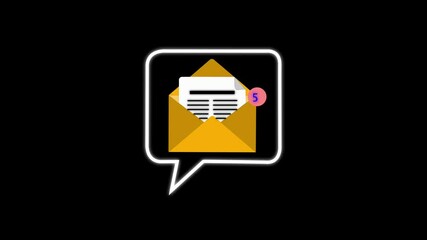 Animated document icon appearing on a black background. Reminder, Push Notifications, Web Reminders, Time Table and Announcements. electronic mail and technology on a transparent background.