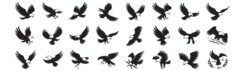 Eagle Vector Illustration Set, Black and White Silhouettes. Collection of 30 Different Eagle Poses, Perfect for Logos, Designs, and More.