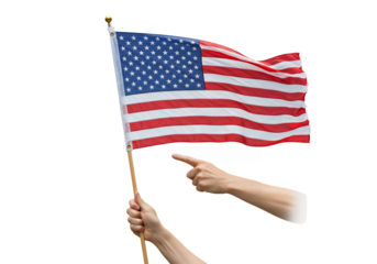 Hand holds  points to a waving US flag on a stick black background