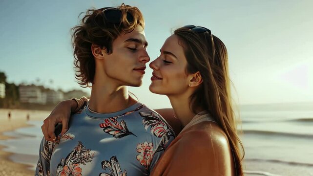 Young couple enjoying a romantic moment on the beach at sunset in Cine, Young couple wearing surfing suit at the beach Cinematic