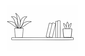 Black line drawing of a shelf with potted plants and books