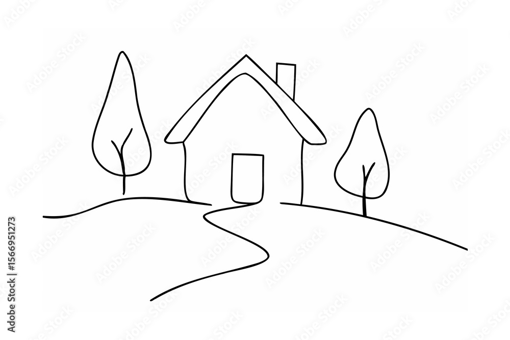 Poster black one line drawing of a house with trees and a path