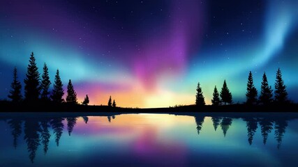 Northern lights night sky colorful aurora pine tree forest lake reflection tranquil landscape nature starry sky, colorful aurora borealis glows above pine tree forest reflecting calm lake water - Powered by Adobe