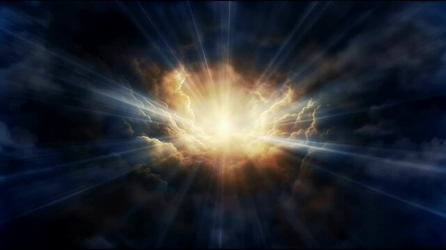 Sun rays breaking through dark clouds in sky. Light rays of light conveys sense of hope, tranquility, divine presence