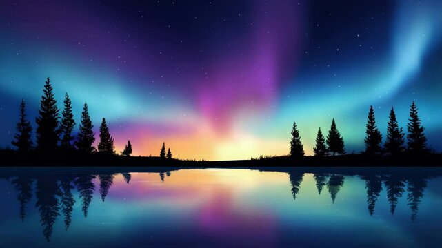 Northern lights night sky colorful aurora pine tree forest lake reflection tranquil landscape nature starry sky, colorful aurora borealis glows above pine tree forest reflecting calm lake water