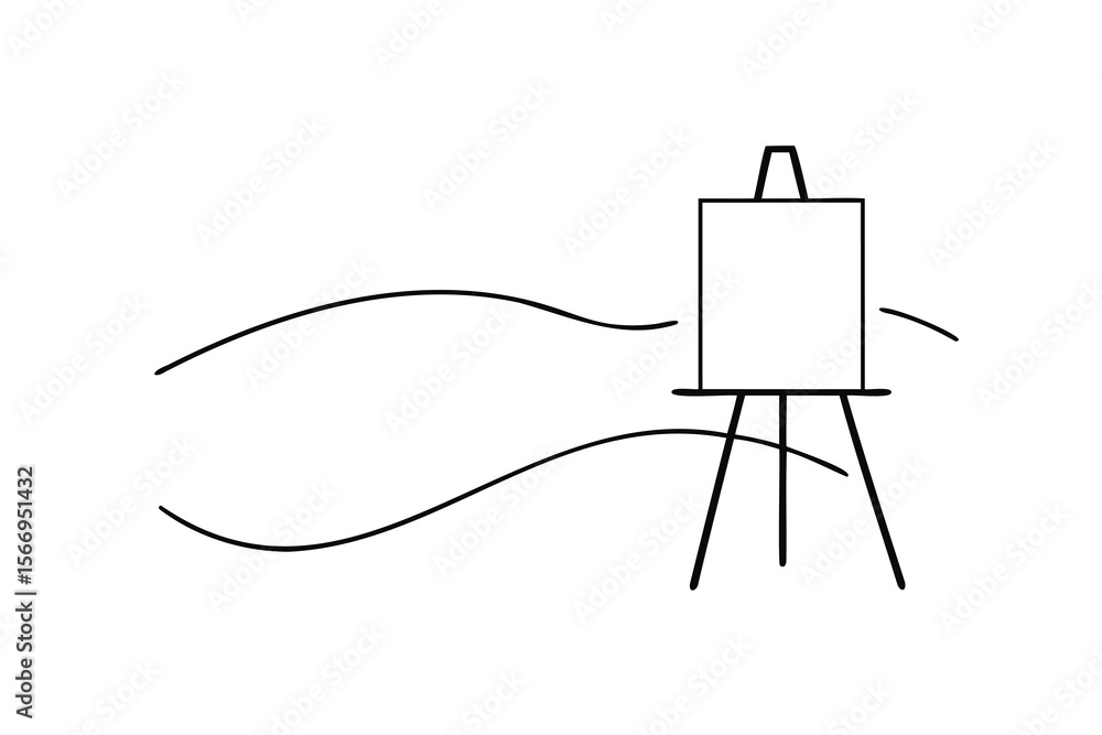 Poster black line drawing of an easel with blank canvas and flowing lines