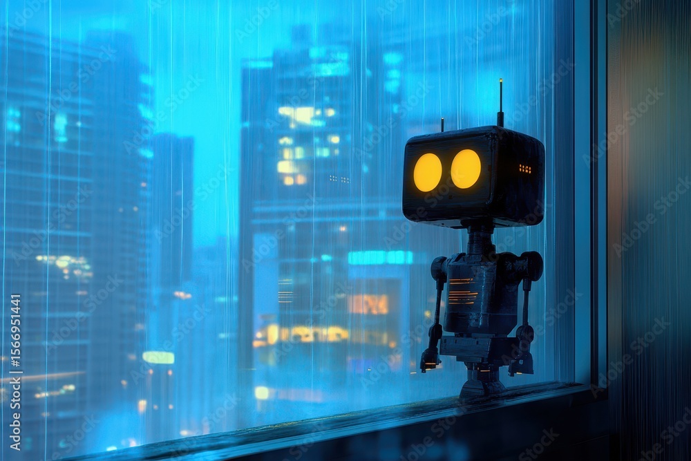 Poster robot observes the rainy cityscape while pondering artificial intelligence and its future, robot obs