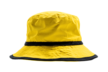 Bright yellow bucket hat, isolated on black background.
