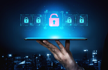 Digital security concept illustrating a cybersecurity breach, with a red unlocked padlock...