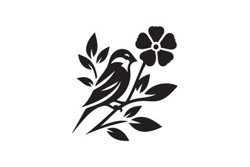 Bird sitting on a flower tree branch icon silhouette on white background.