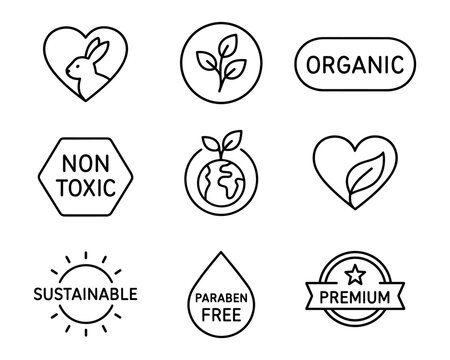 Eco product labels set with cruelty free, organic, paraben free and sustainable badge icons in outline style
