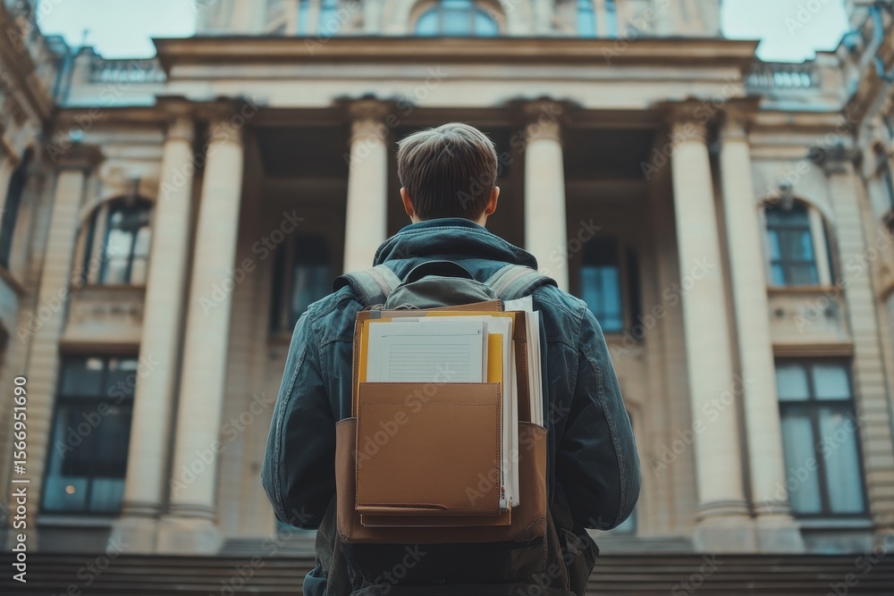 Poster student stands in front of university building, holding textbook and preparing for studies, student 