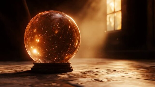 Glowing orb reveals starry cosmos indoors