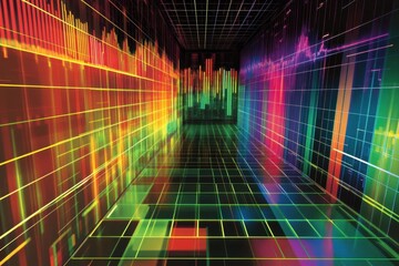 Financial data processing visualized through a colorful grid of statistics and graphs in a digital environment, financial data processing and statistics over grid