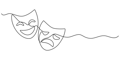theater mask continuous one line drawing, theater mask tragedy and humor continuous line art, Theater mask tragedy and humor one line continuous line art. Character mask sketch. 