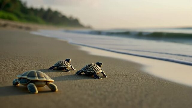 Tiny baby sea turtles crawl across sandy beach to their ocean home at sunrise along the coast, Tiny baby sea turtles crawl across a sandy beach toward the ocean
