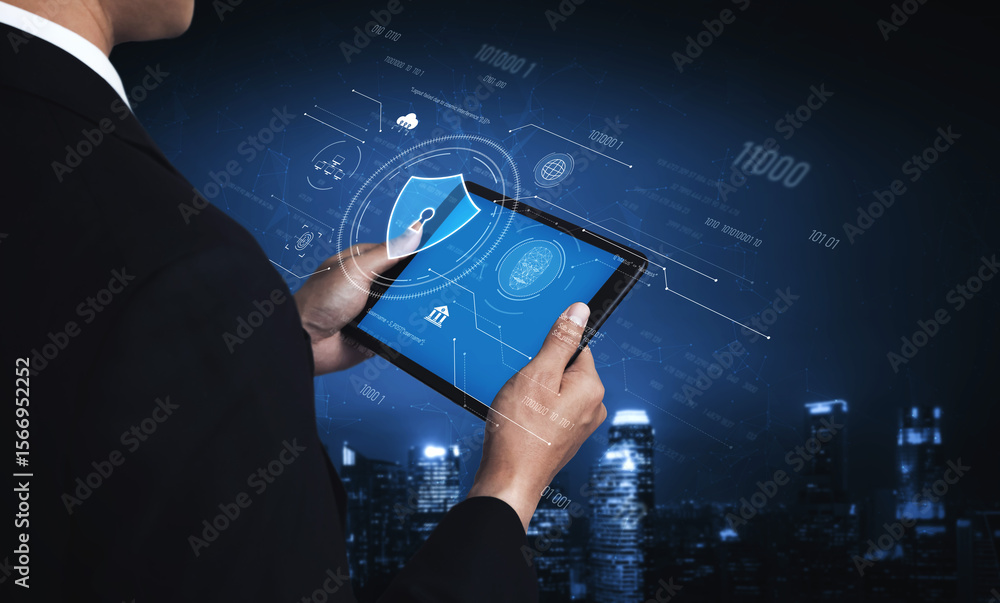 Poster cyber security interface with biometric and ai-powered protection system. cyber security secures acc