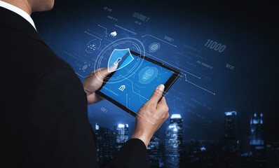 Cyber security interface with biometric and AI-powered protection system. Cyber security secures...
