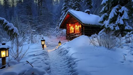 Snowy path leading to a cozy cabin illuminated by lanterns in a winter wonderland, Snow covered path with lanterns and cozy cabin in winter forest - Powered by Adobe