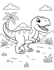 Vector illustration of a cute, smiling dinosaur, surrounded by palm trees, bushes, and clouds. Ideal for coloring books, kids' storybooks, educational games, greeting cards, school supplies. Outline