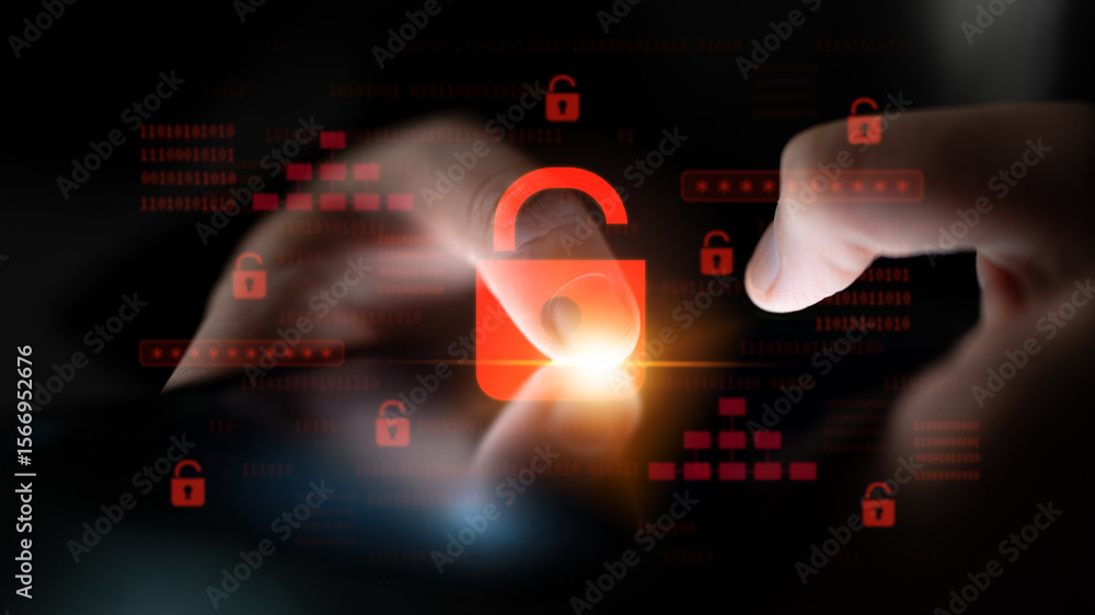 Poster digital security concept illustrating a cybersecurity breach, with a red unlocked padlock indicating