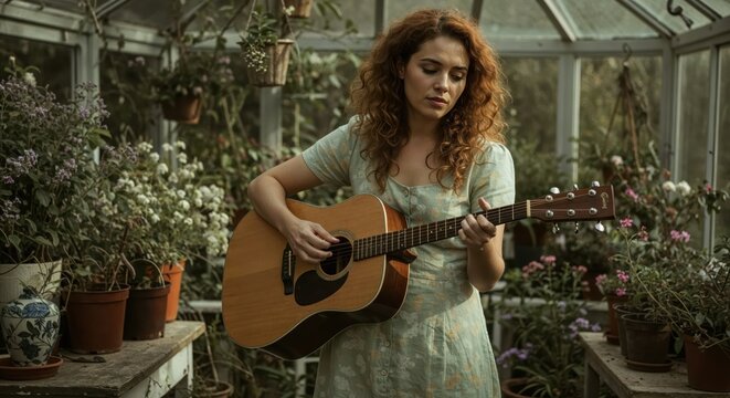 Young woman playing acoustic guitar in a lush greenhouse setting
