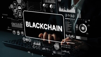 Innovative Digital Interface Displaying Blockchain Technology Concepts with Data Visualizations and...