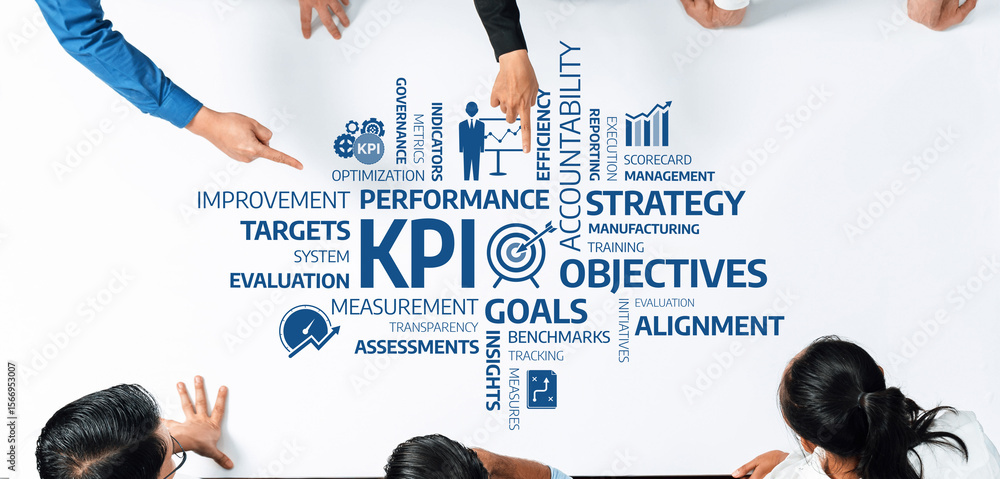 Fototapete a top-down view of a collaborative workspace showcasing kpi visualization, strategic planning, and p