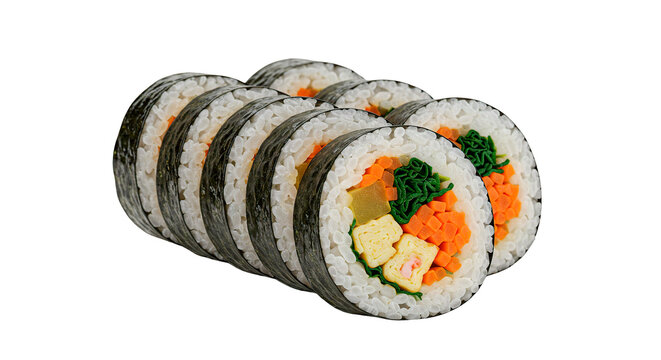 A close-up shot of beautifully arranged Korean gimbap rolls with various ingredients.