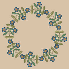 Round floral frame or border with green leaves and blue flowers. Folk style. Wreath of blooming branches. 