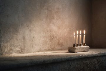 A serene Hanukkah evening scene featuring a simple menorah illuminated softly, set against a rustic old wall. 