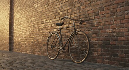Vintage Bicycle Leaned Against Brick Wall at Sunset: Warm Light, Cobblestone Street