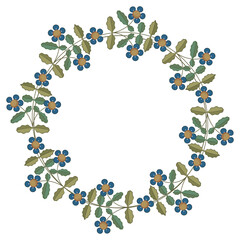 Round floral frame or border with green leaves and blue flowers. Folk style. Wreath of blooming branches.