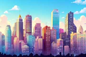 City skyline filled with modern skyscrapers and vibrant clouds at sunset, City with many skyscrapers, business centers