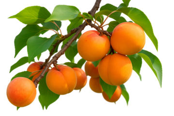Vibrant peaches hanging on a green branch against a dark background.