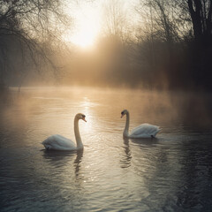 Fototapeta premium A pair of swans playing in the water