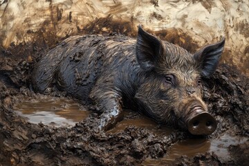 Fototapeta premium Wild boar enjoys a refreshing mud bath in a natural habitat during a sunny day, Wild boar (Sus scrofa) pig wallowing in mud