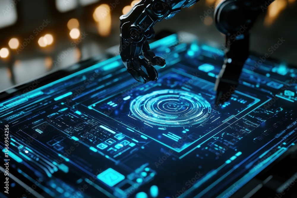 Poster robotic arm manipulates data on holographic screen in a virtual workspace, robotic arm turntable on 