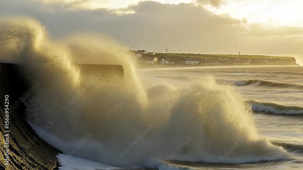 Poster powerful wave crashes into seawall creating massive splash during sunset, powerful wave crashing int